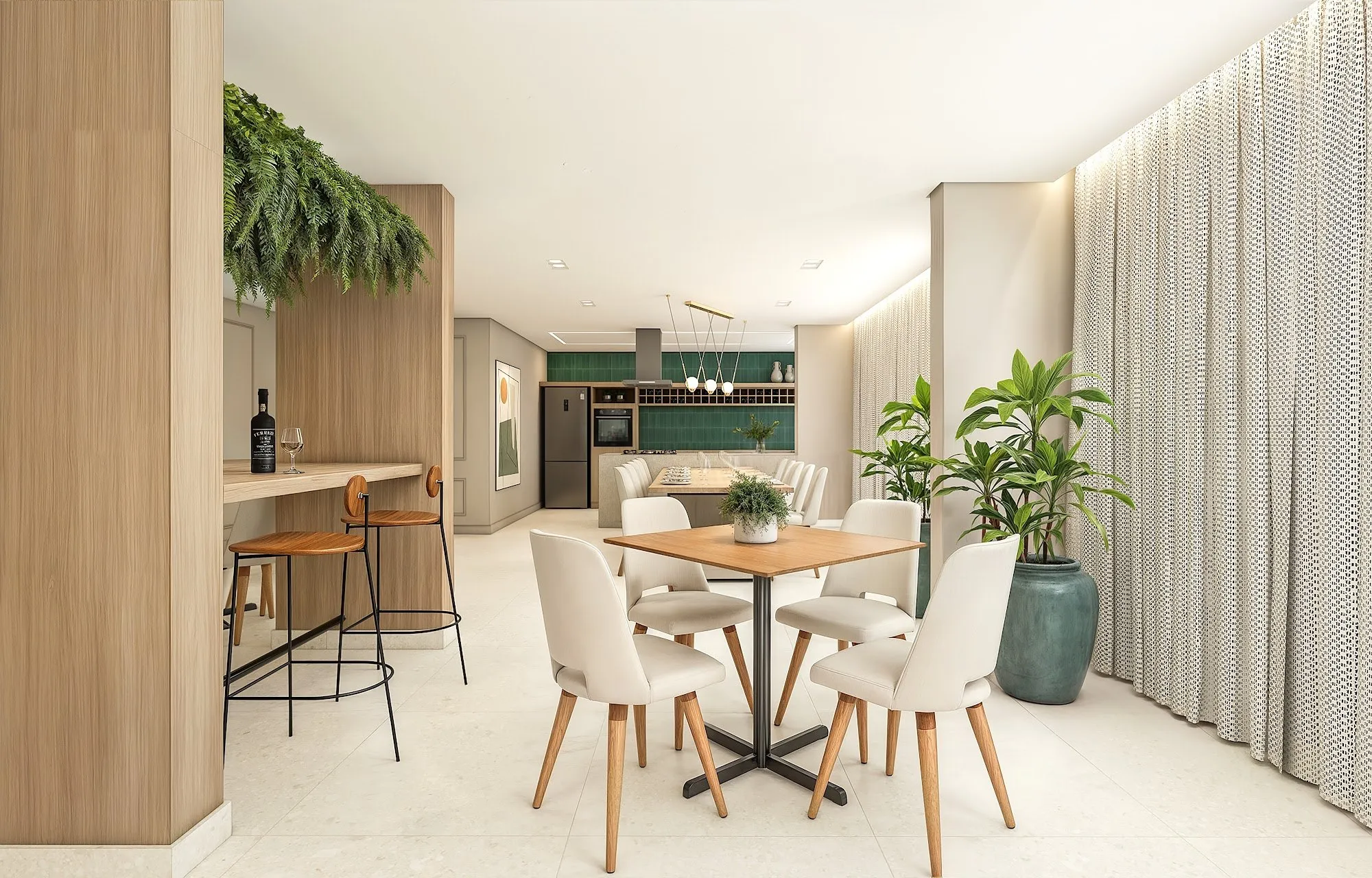 Espaço gourmet do Altus América, com mesas, bancada e plantas