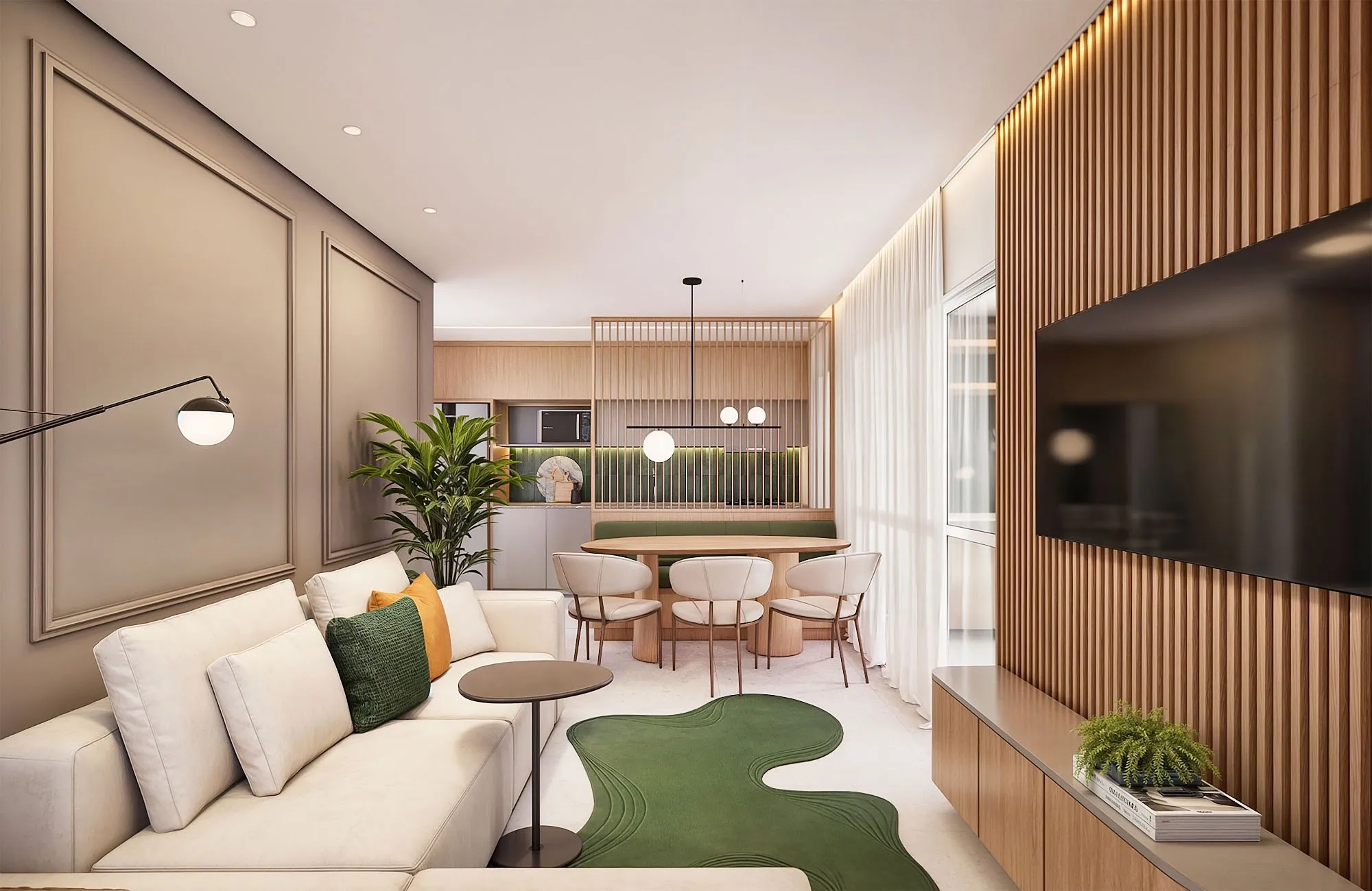 Sala do apartamento de 3 dormitórios do Altus América, com sofá e mesa de jantar