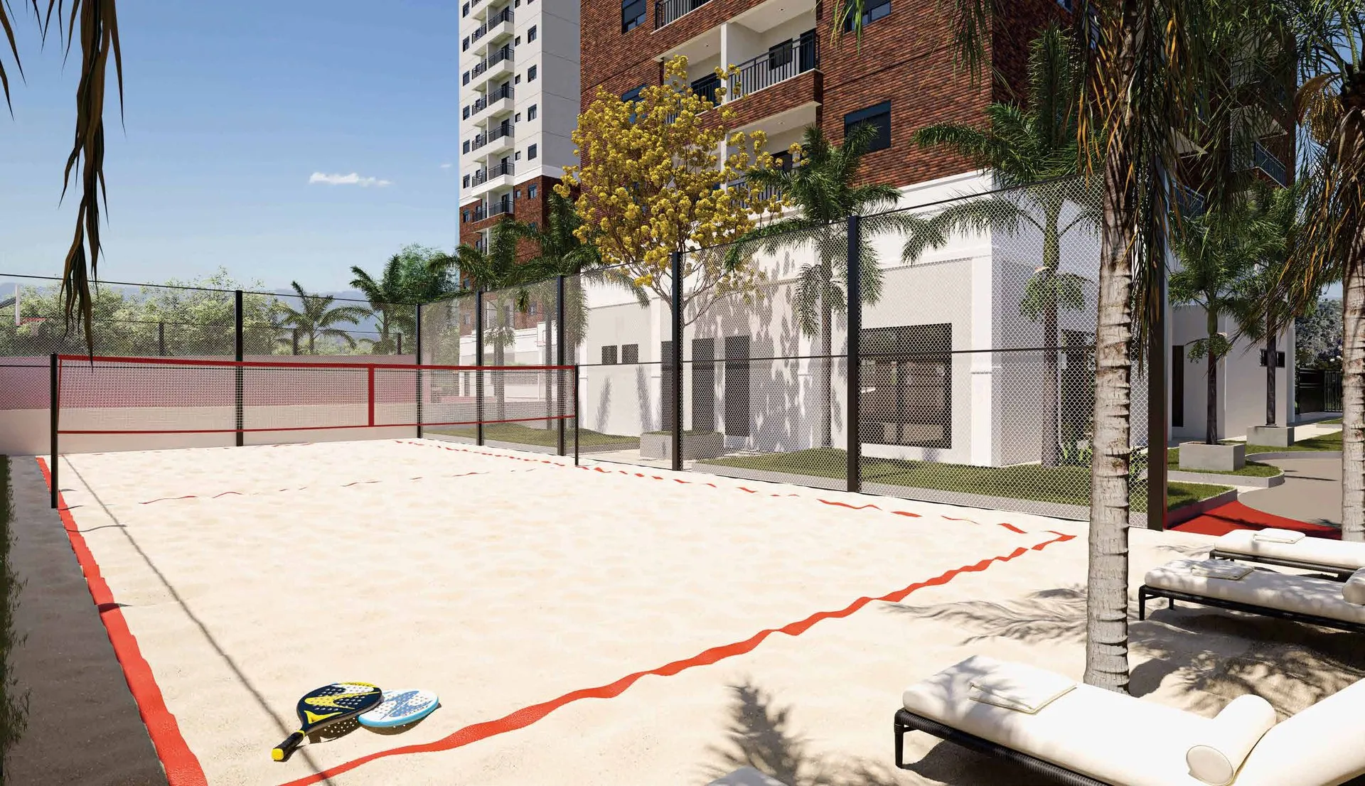 Quadra de beach tennis do Bothanic Parc Residence, com areia e palmeiras em volta