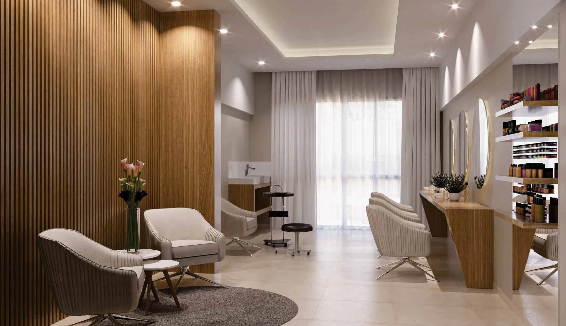 Beauty care do Bothanic Parc Residence, com poltronas, bancada e espelhos