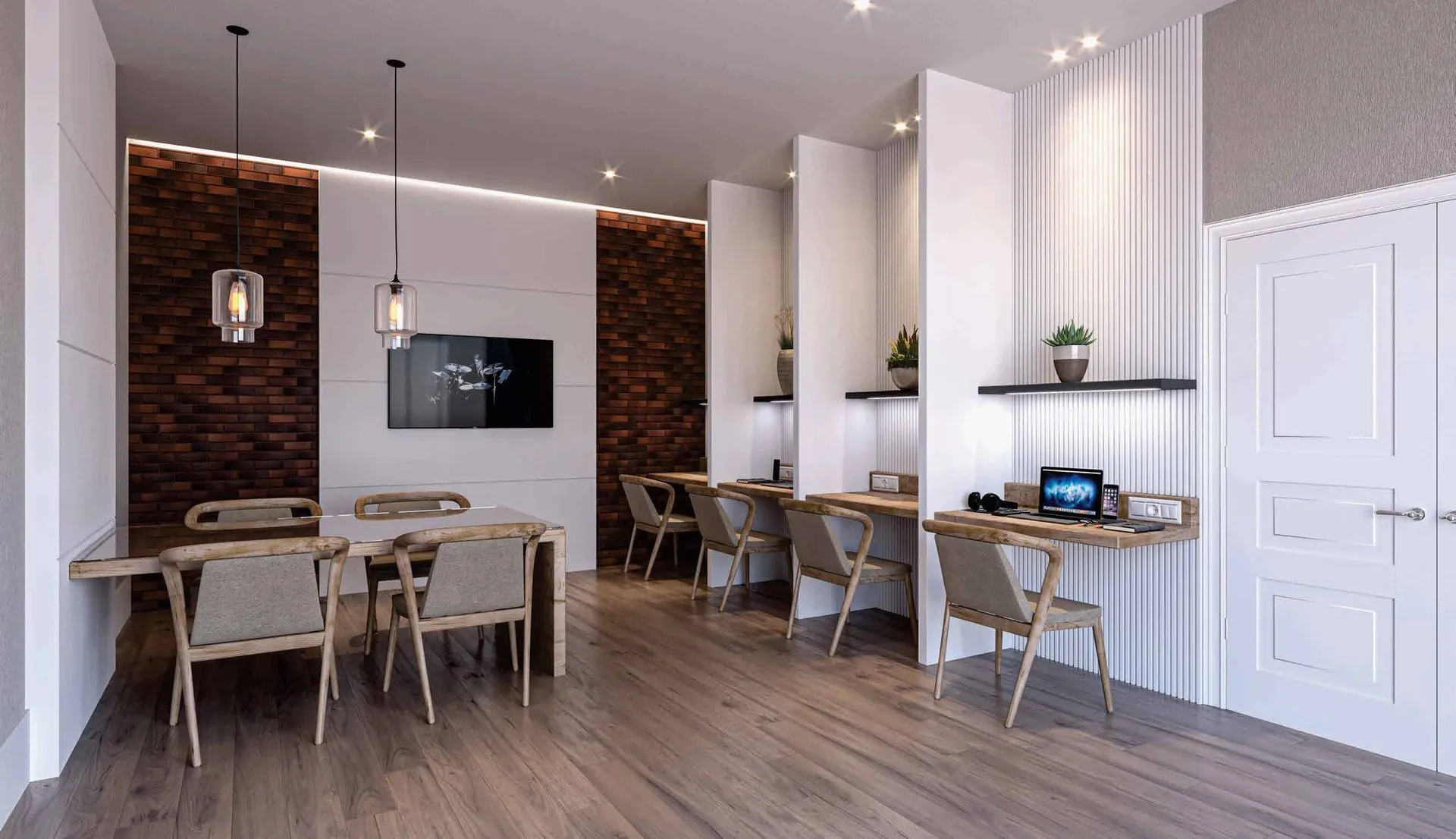 Coworking do Bothanic Parc Residence, com mesa de reunião e estações de trabalho