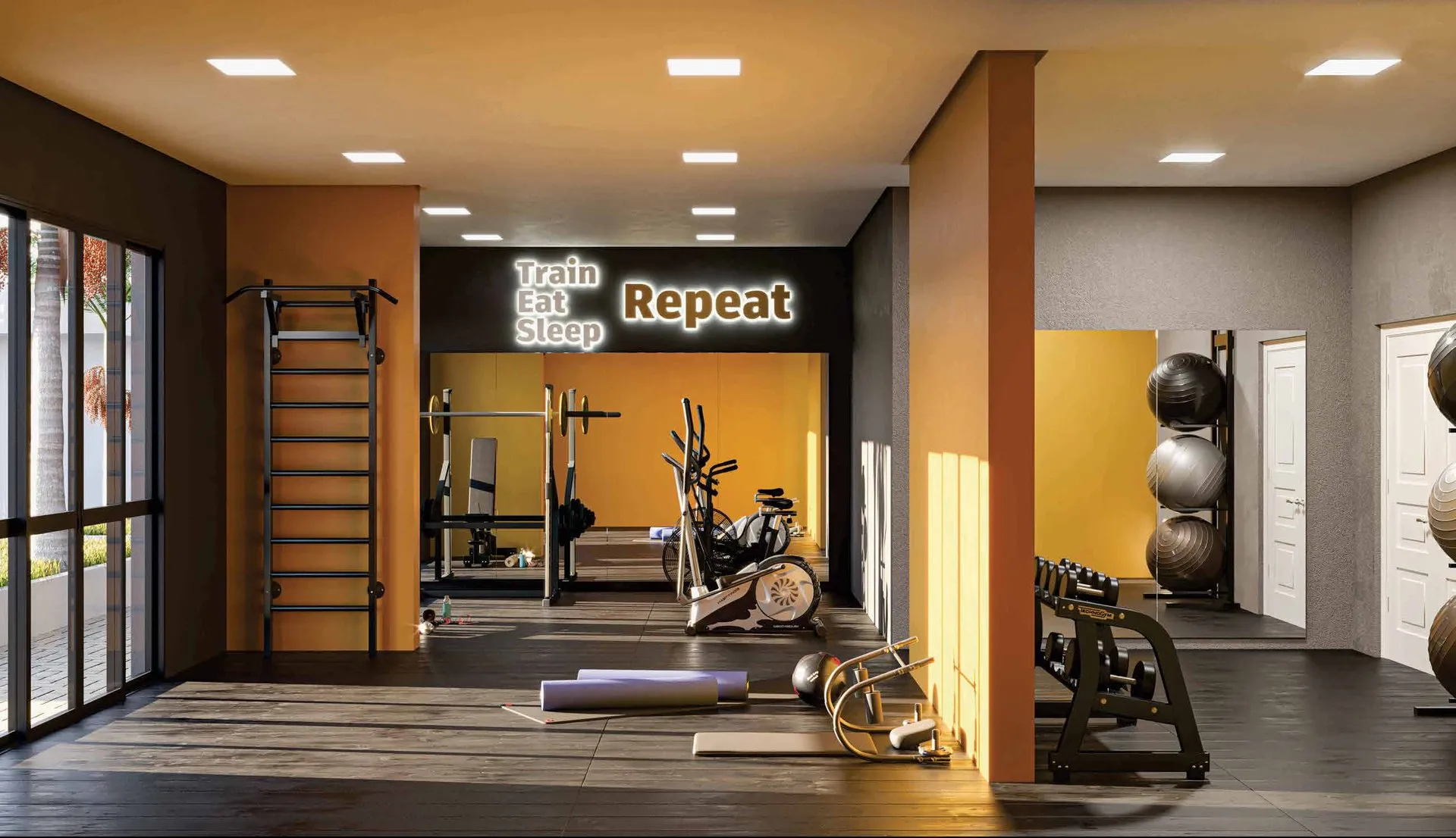 Fitness do Bothanic Parc Residence, com esteira, bicicleta e parede de treino funcional