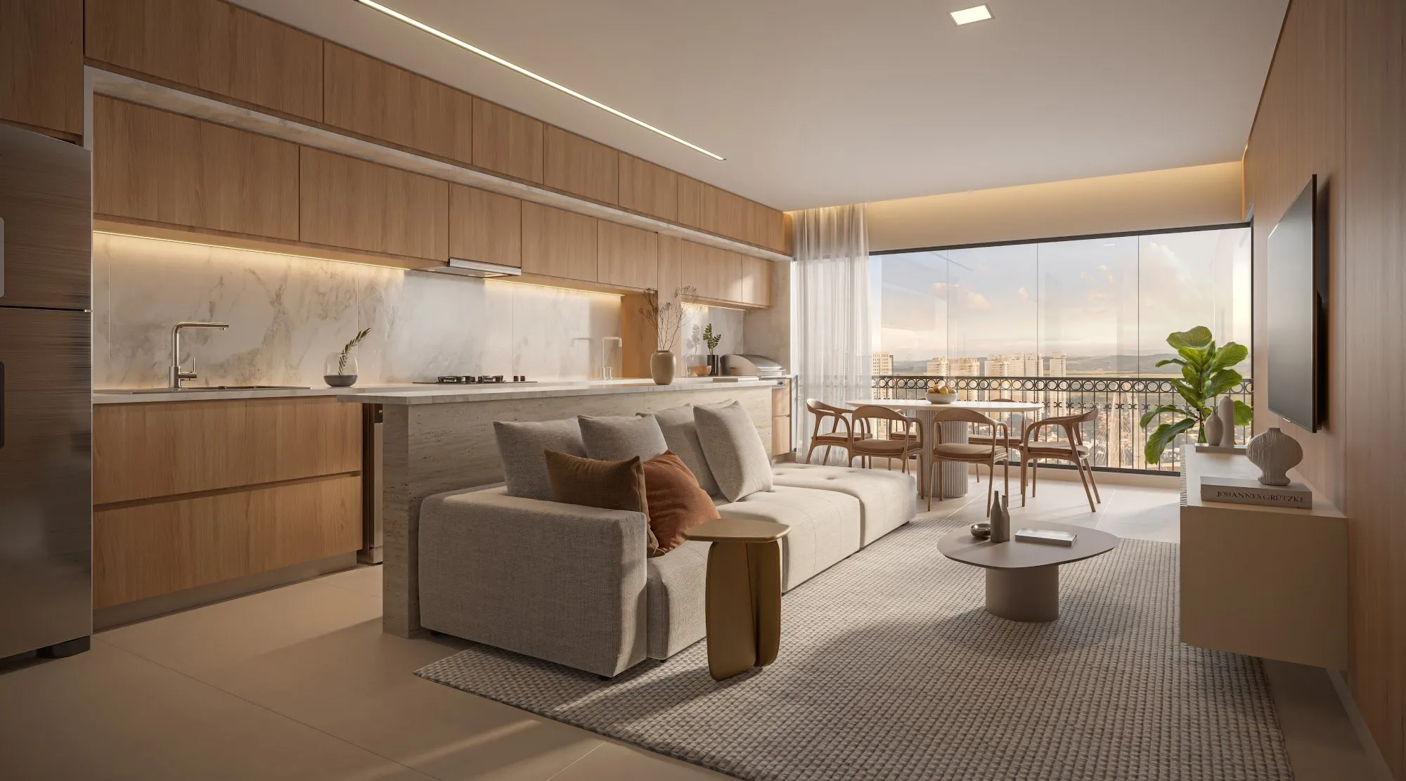 Sala do apartamento de 87 m² do Harmonic Vila Ema, integrada à cozinha e à varanda