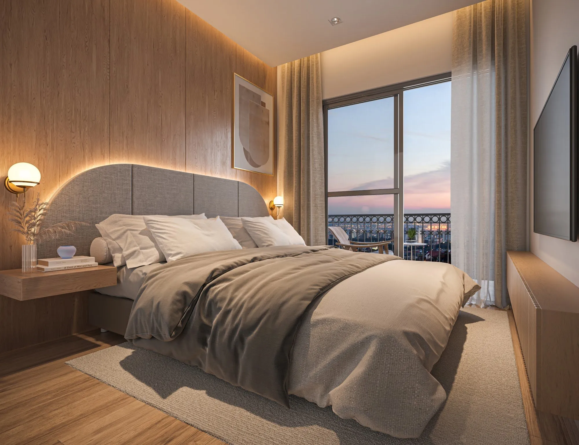 Suíte do apartamento de 87 m² do Harmonic Vila Ema, com cama de casal e porta para a varanda
