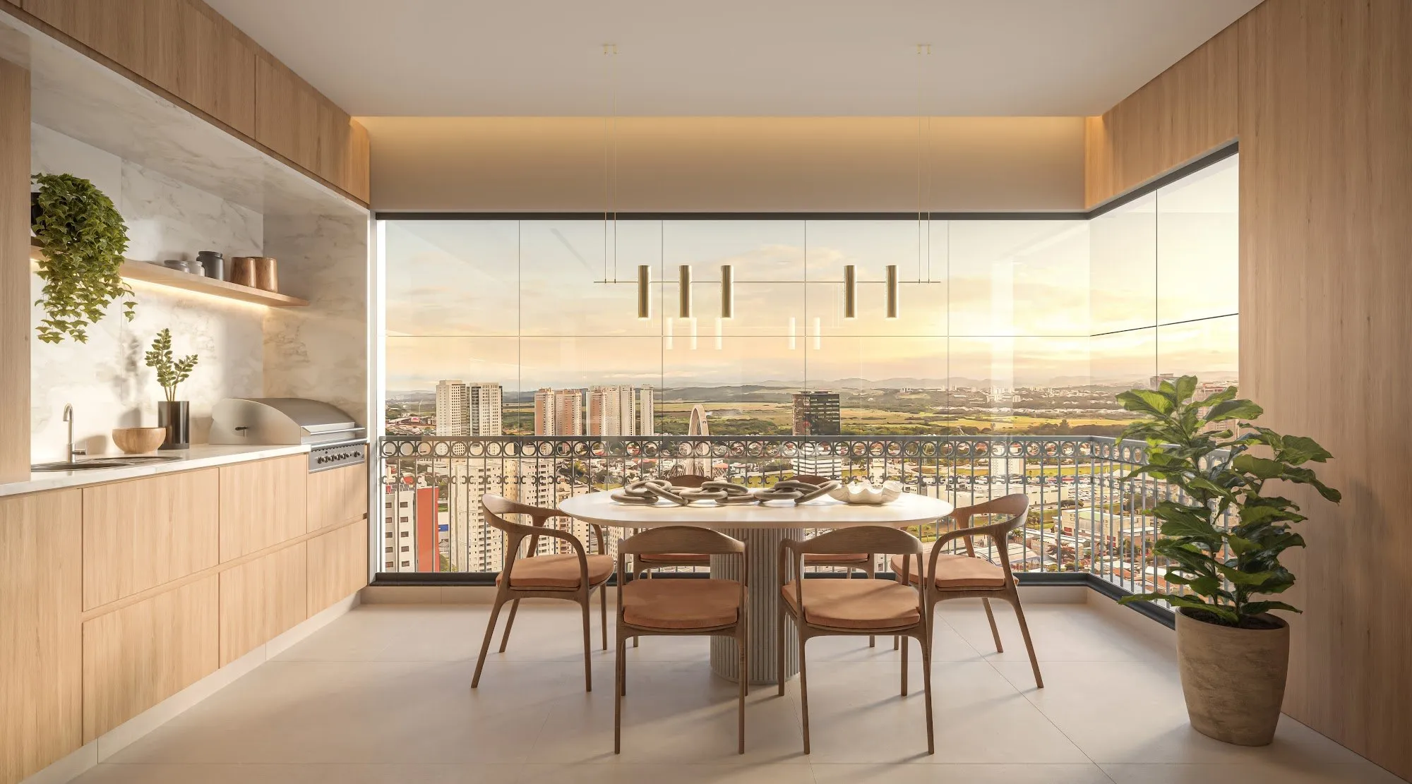 Varanda gourmet do apartamento de 87 m² do Harmonic Vila Ema, com mesa de jantar e vista da cidade