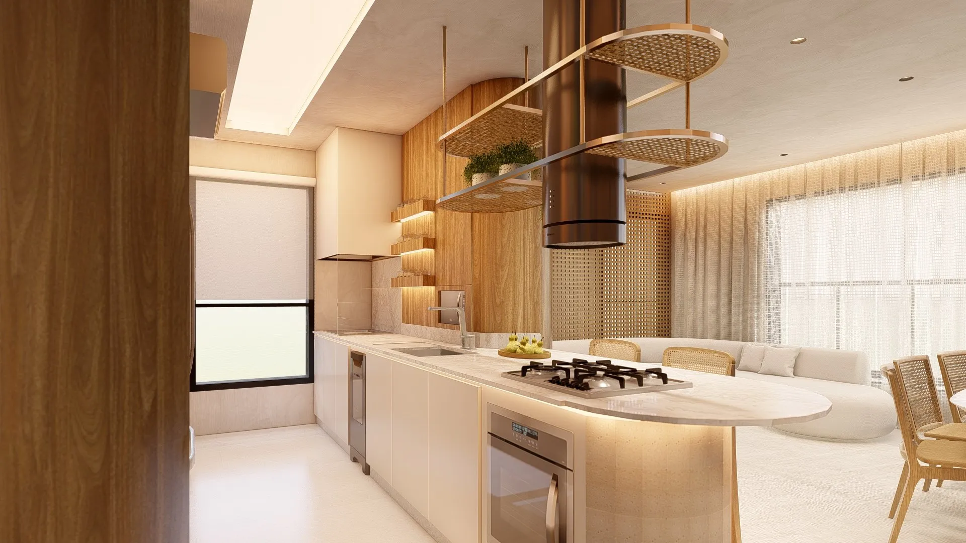 Cozinha do Haus Vila Ema em conceito aberto, com ilha curva integrada à sala