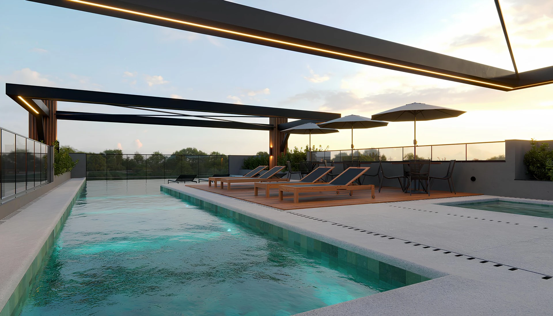 Piscina com borda infinita no rooftop do Haus Vila Ema, com pergolado e espreguiçadeiras
