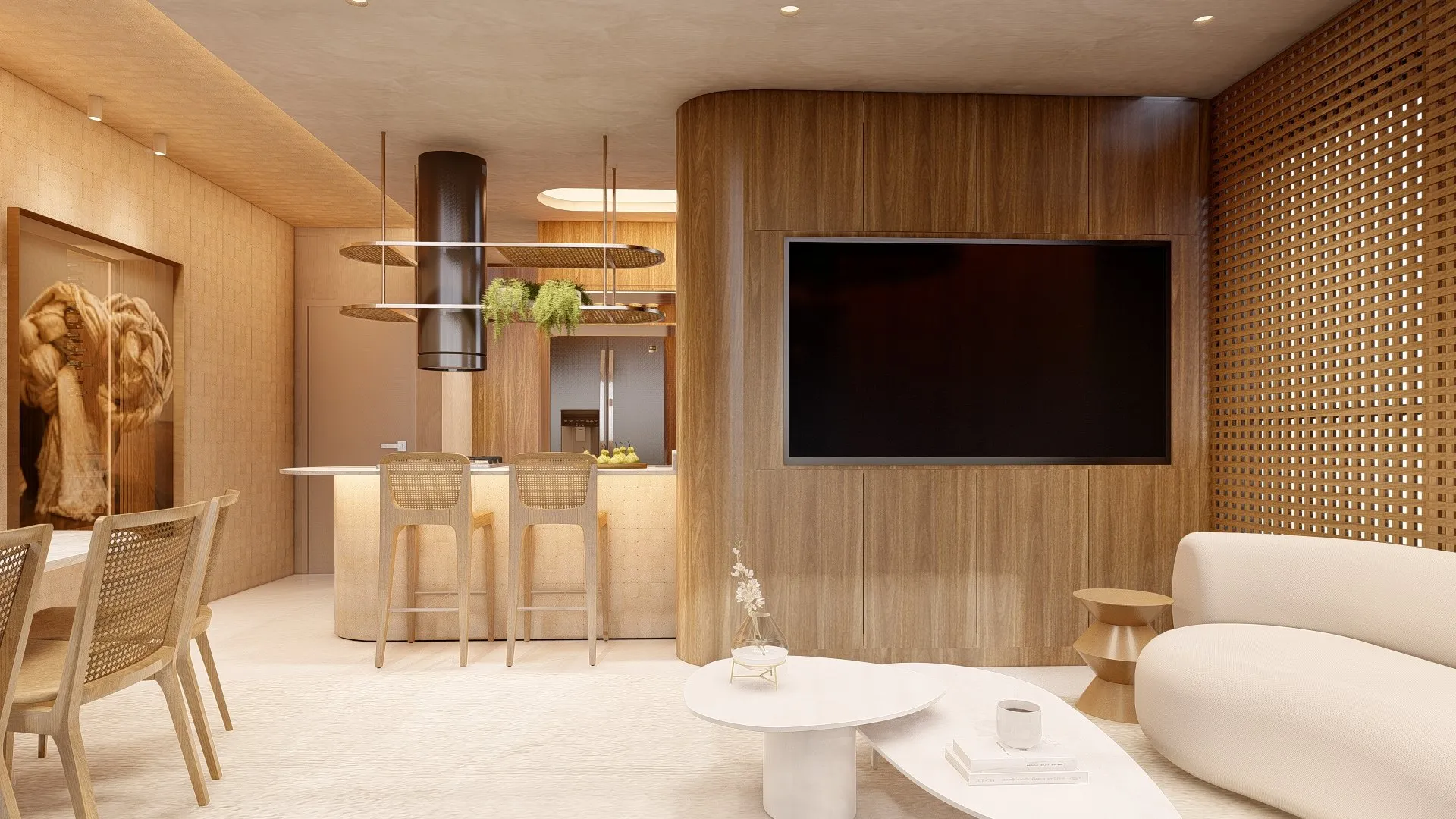 Sala de estar do Haus Vila Ema, com painel de madeira, TV e a cozinha ao fundo