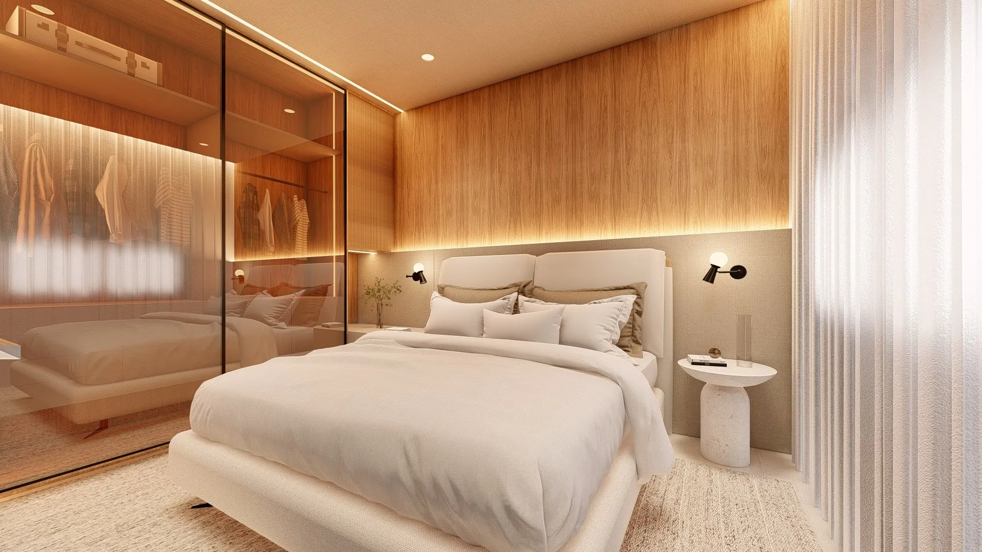 Suíte do Haus Vila Ema, com cama de casal, armário de vidro e iluminação indireta