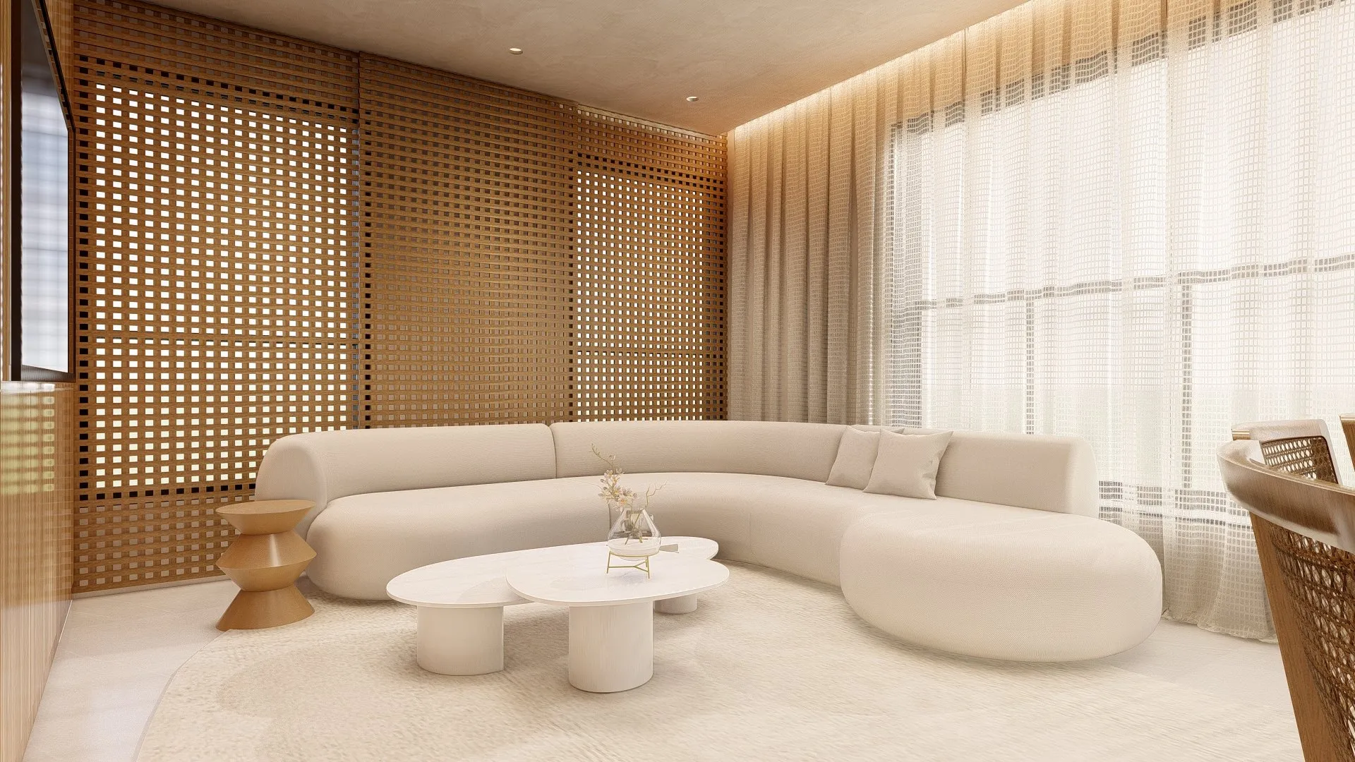 Varanda do Haus Vila Ema, com sofá em L, mesa de centro e cortinas