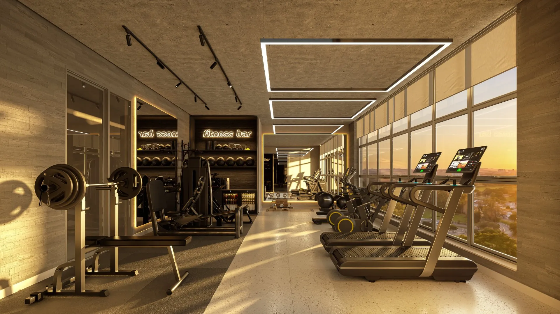 Espaço fitness no rooftop do Liv One, com esteiras de frente para a janela