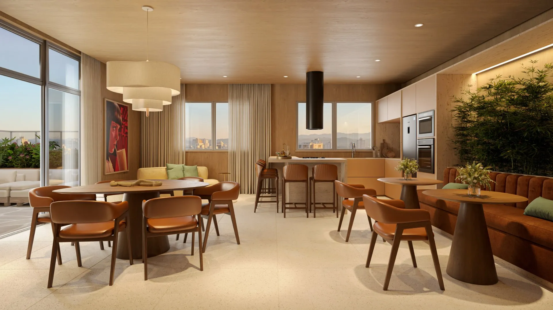 Espaço gourmet no rooftop do Liv One, com mesas e cozinha integrada