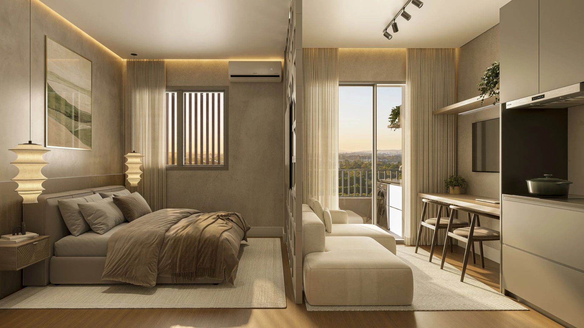 Studio do Liv One com cama, sala integrada e porta para a varanda