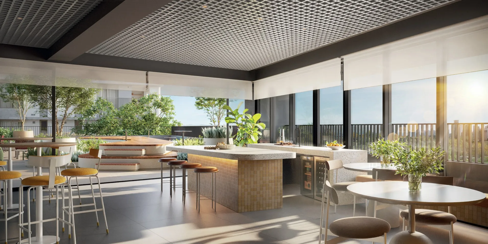 Espaço gourmet do Martim no 7º andar, com bancada, mesas altas e vista para o Parque