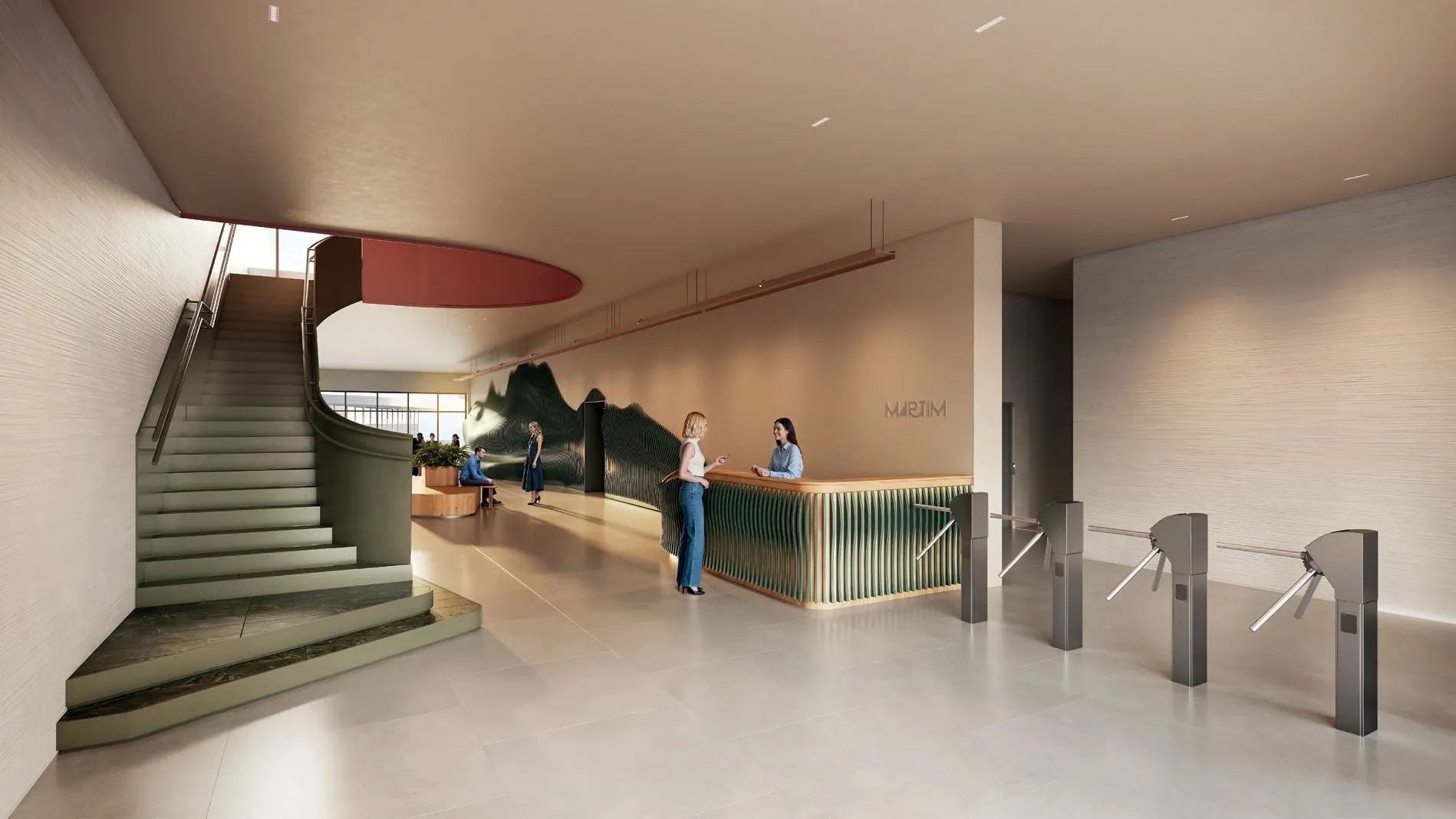 Hall de entrada do Martim, com recepção, catracas e escada escultural
