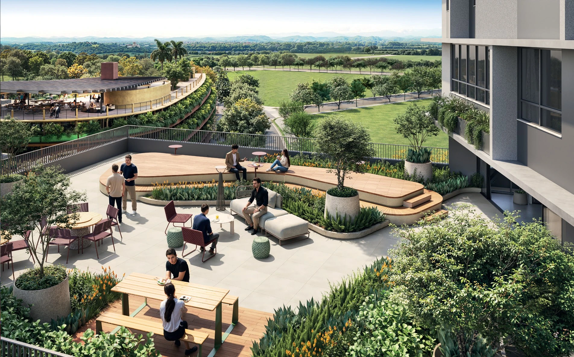 Mirador Gourmet do Martim, terraço do 7º andar com mesas, jardins e vista para o gramado do Parque Una
