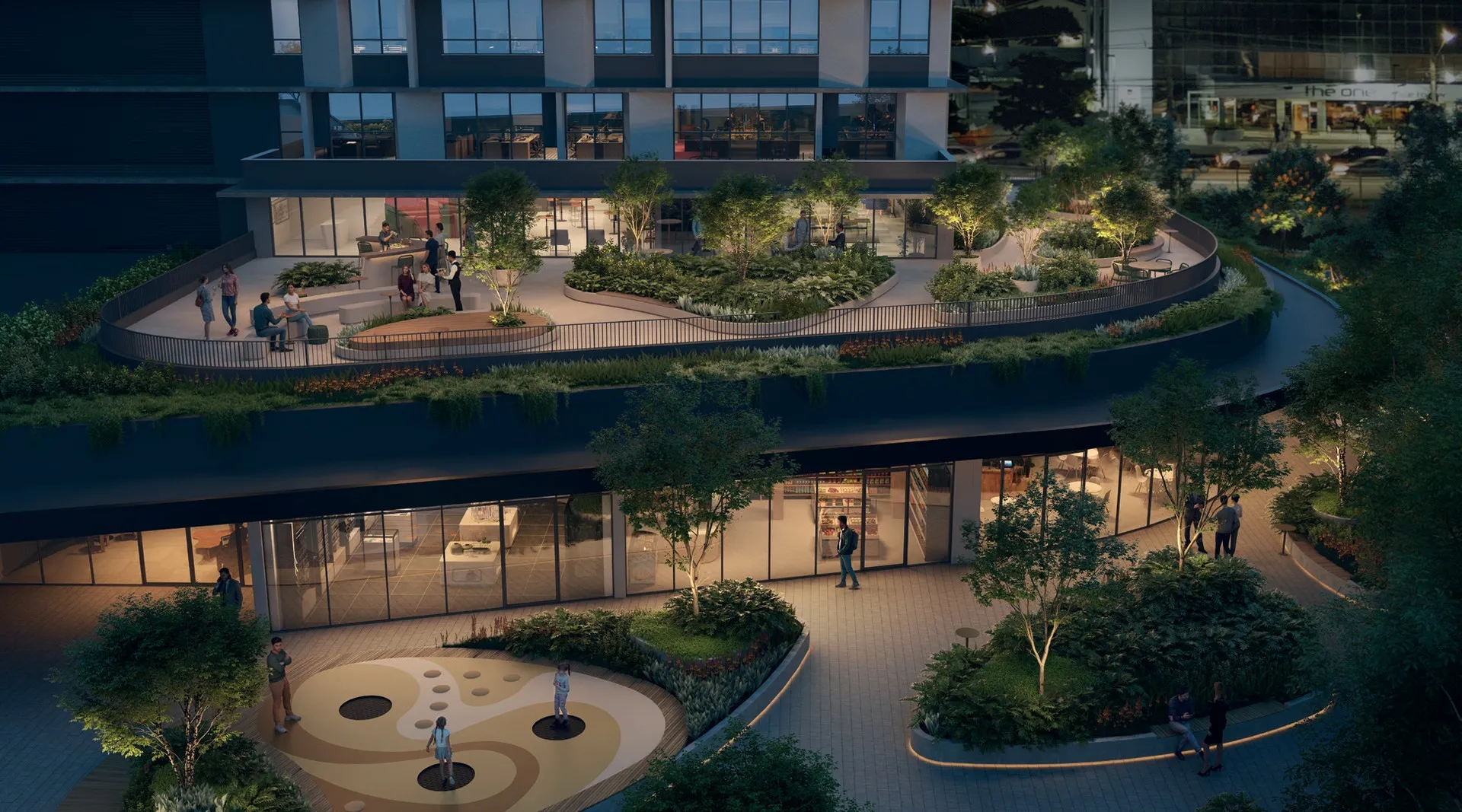 Praça Cererê, no 2º andar do Martim, à noite, com jardins, caminhos e espaços de estar