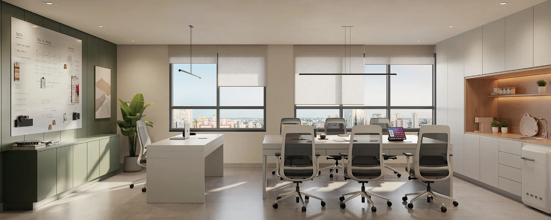 Sala de 41 m² do Martim montada como escritório, com mesa para seis pessoas, lousa e copa