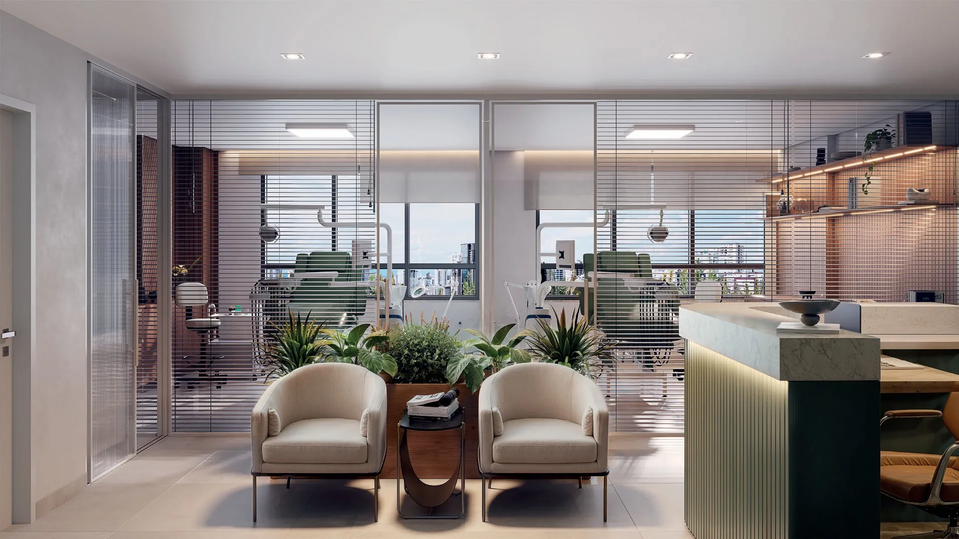 Salas de 63 m² do Martim montadas como consultório, com recepção, poltronas e salas de atendimento envidraçadas