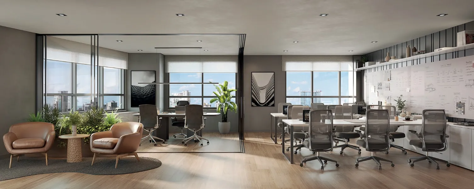 Sala de 70 a 88 m² do Martim montada como escritório, com estações de trabalho, sala de reunião envidraçada e poltronas