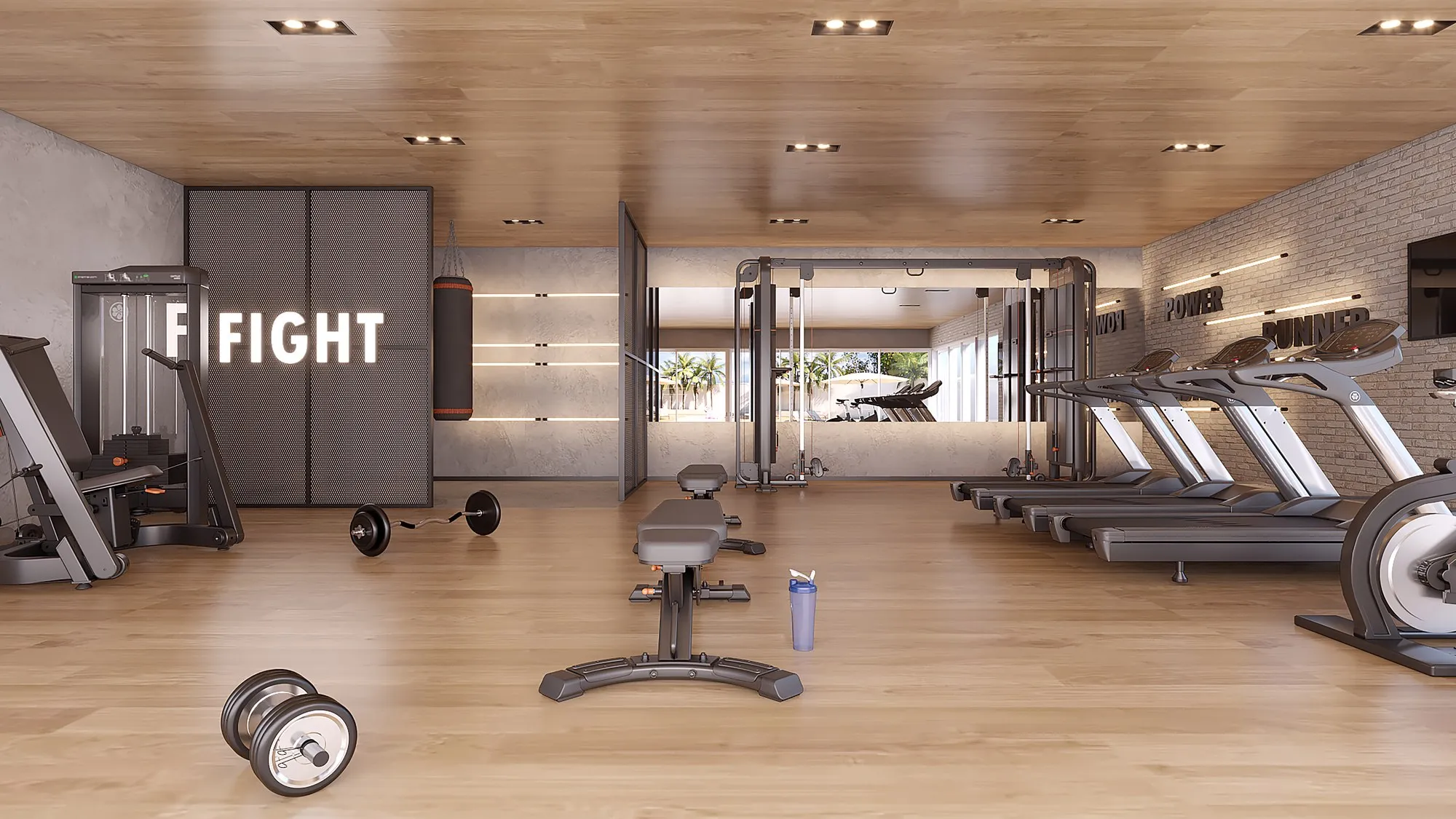 Espaço fitness do Mirati Residenciais, com esteiras e aparelhos