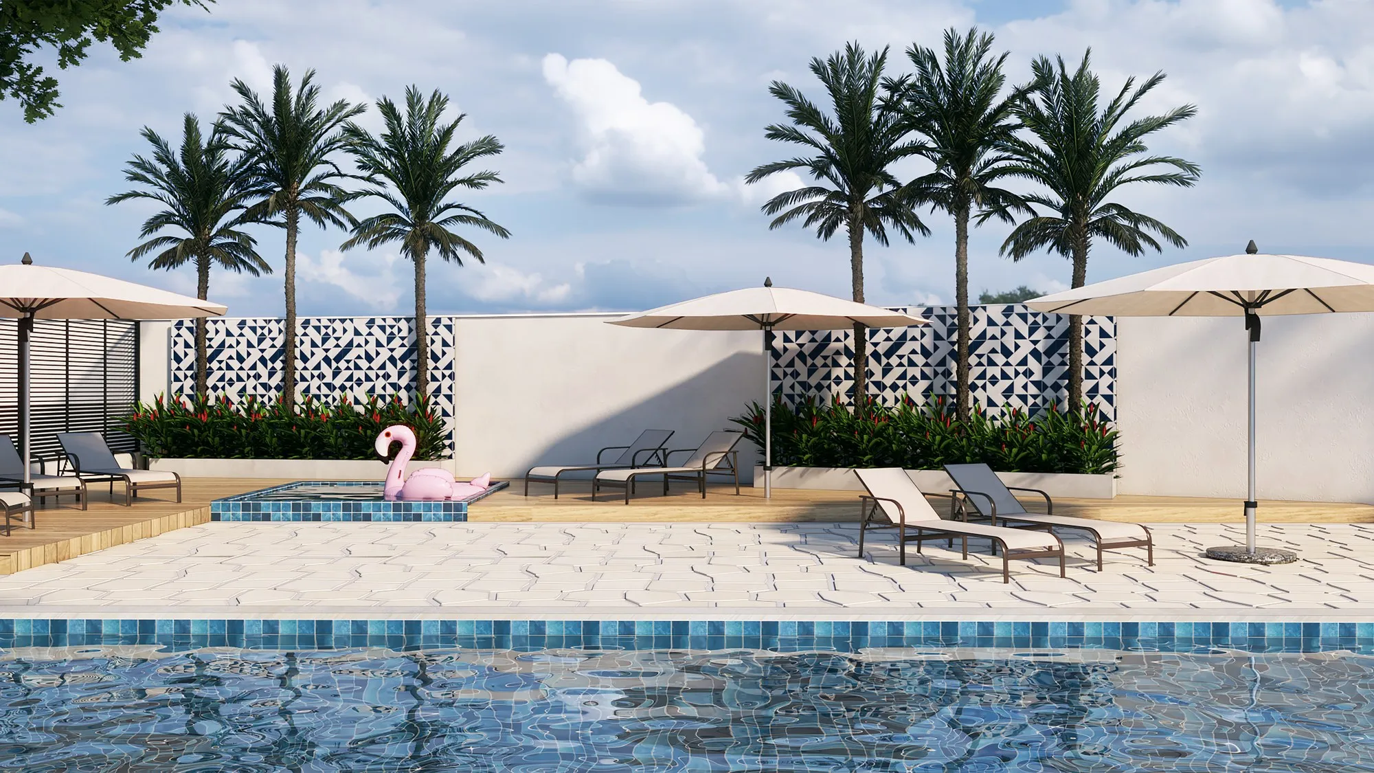 Piscinas adulto e infantil do Mirati Residenciais, com guarda-sóis e palmeiras
