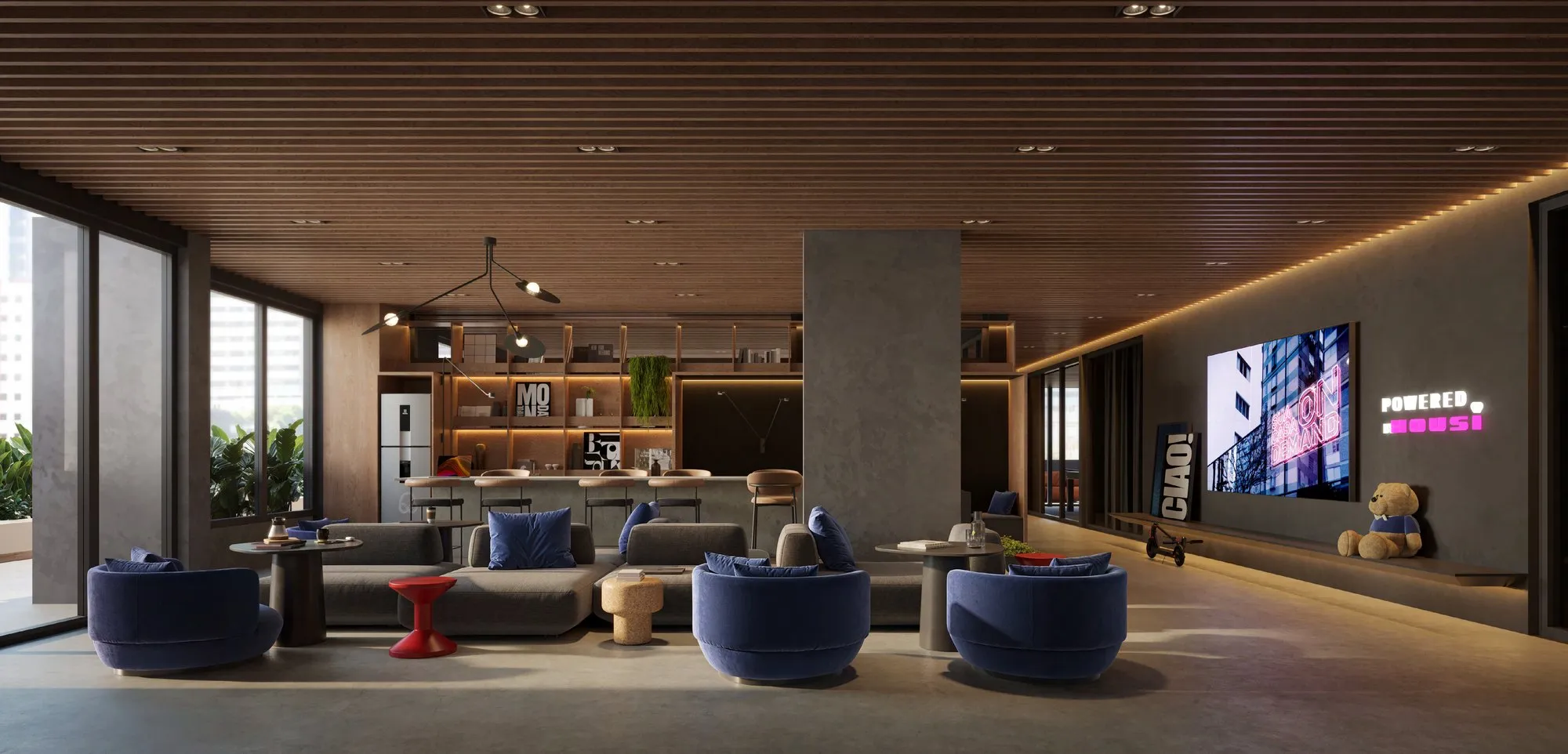 CoKitchen e Work Lounge do Pátio São José, com poltronas, mesas e TV