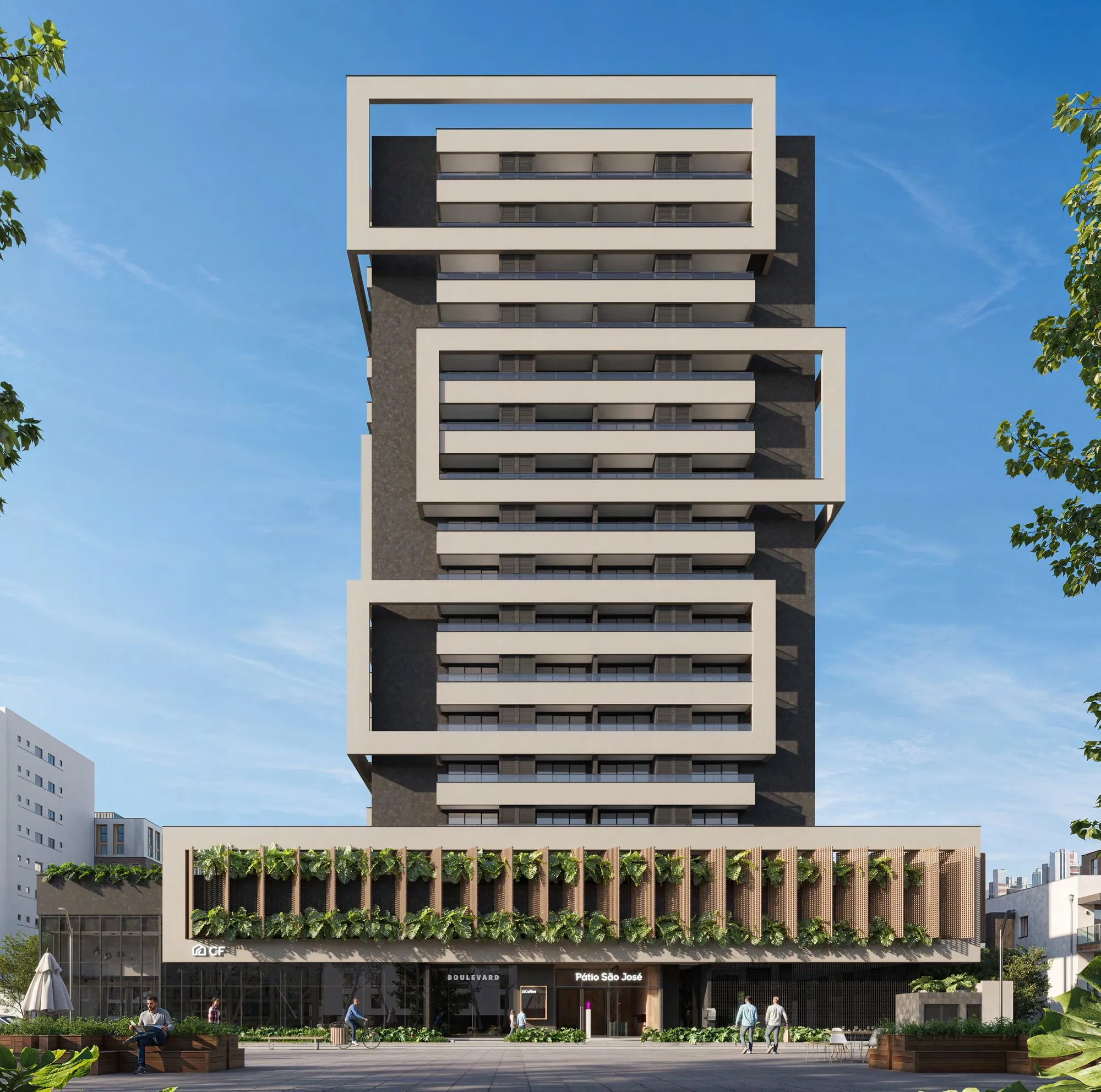 Torre do Pátio São José durante o dia, com molduras claras na fachada e jardins no térreo