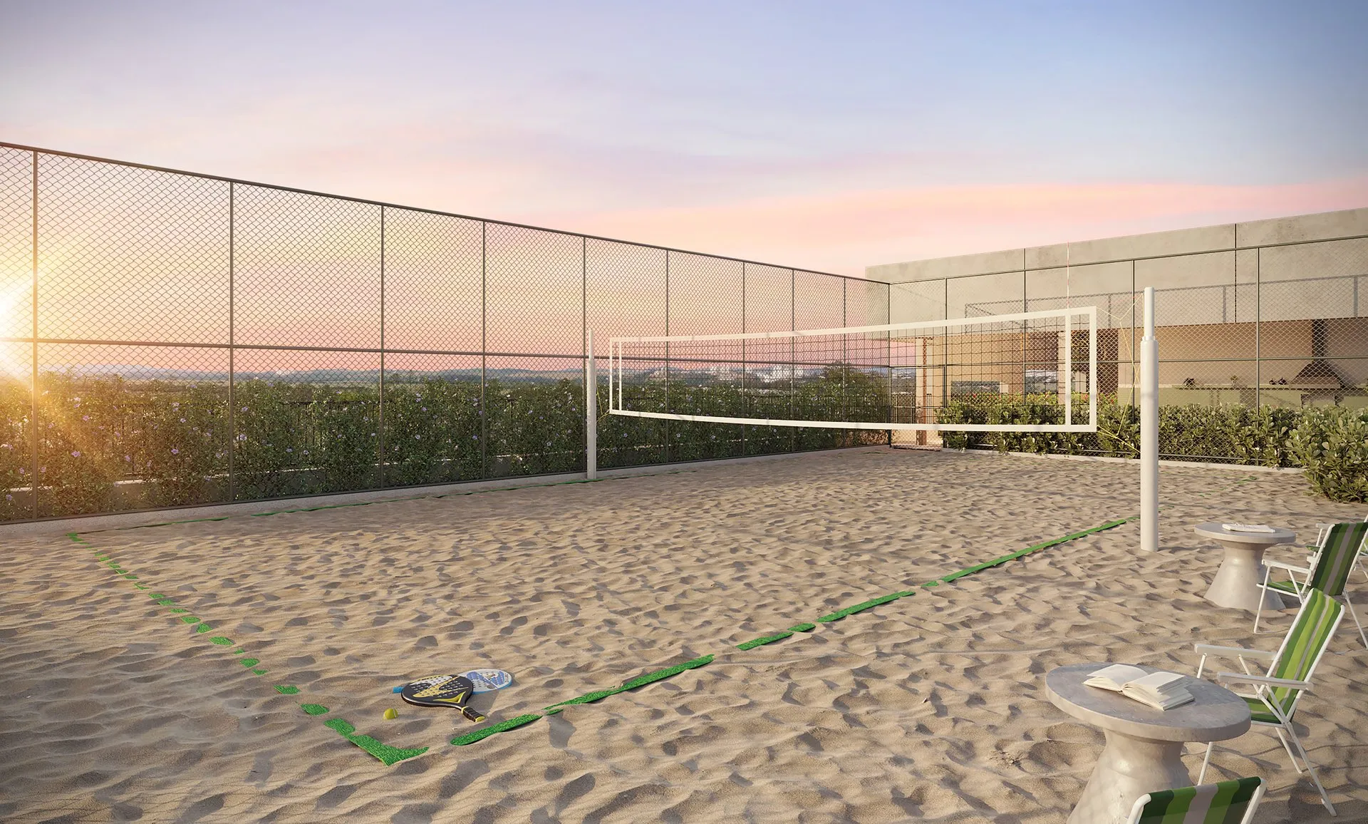 Quadra de beach tennis do Quadria Vista Verde ao entardecer