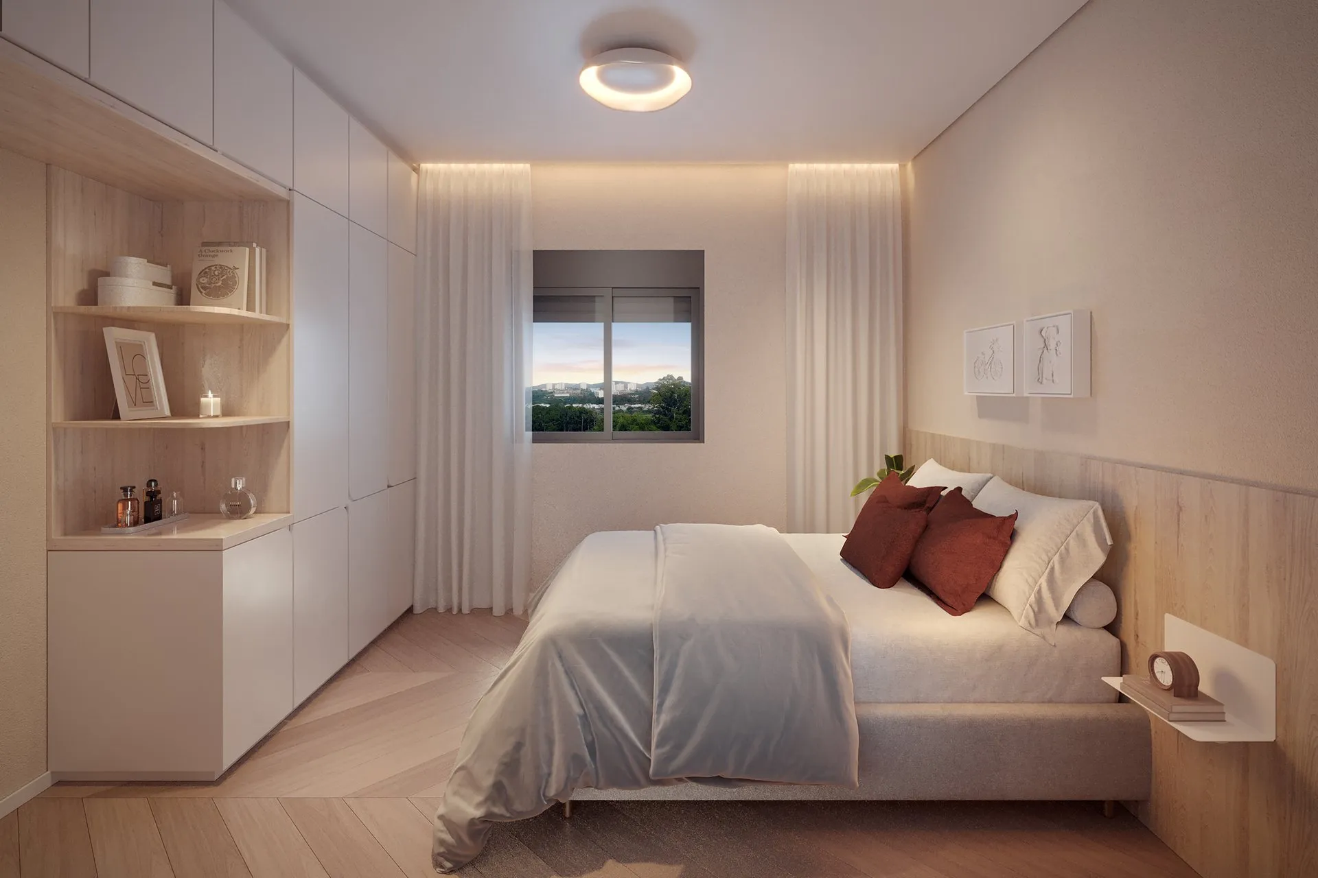 Dormitório do apartamento decorado do Quadria Vista Verde, com cama de casal e armário embutido
