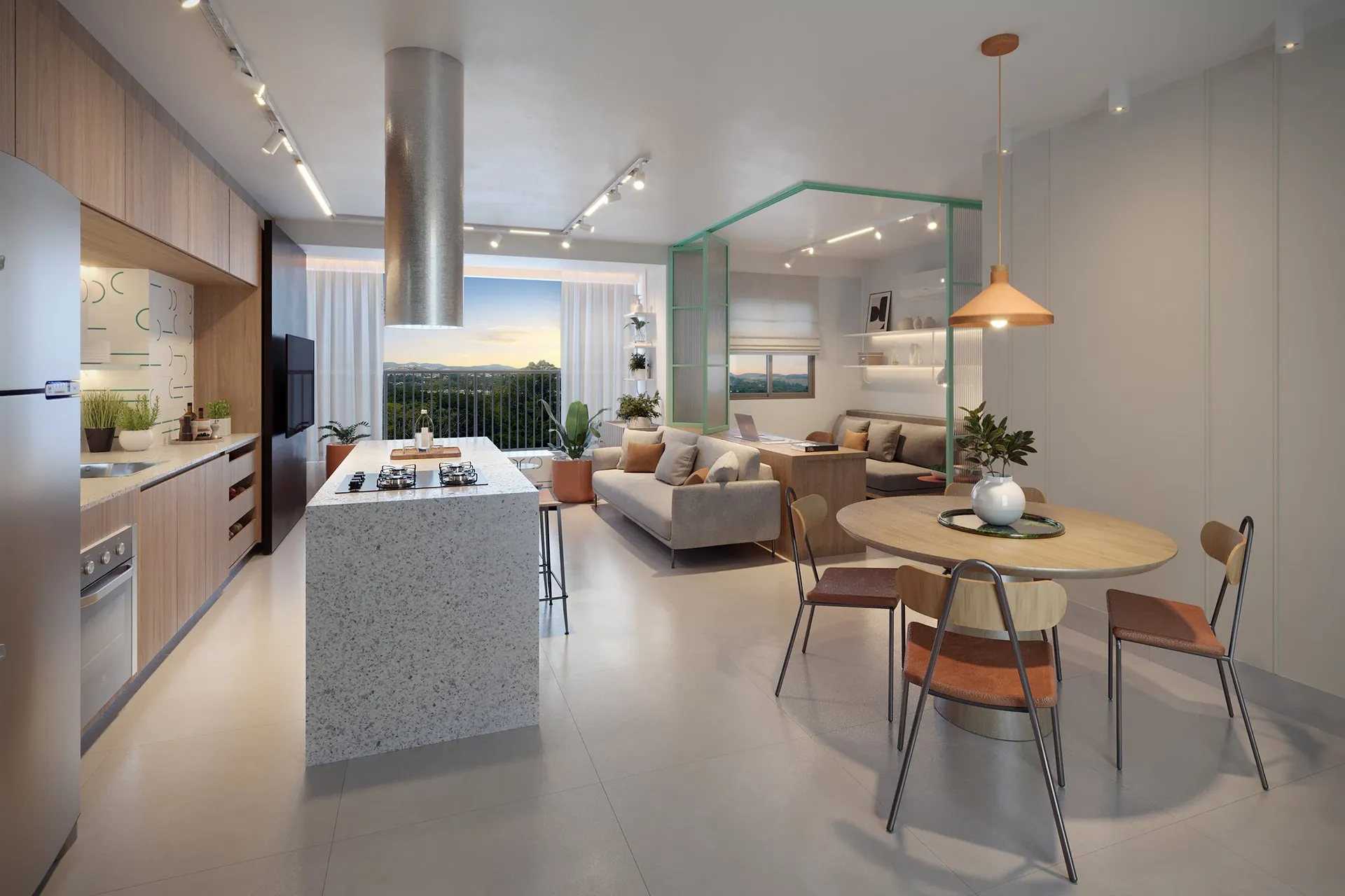 Cozinha e sala integradas do apartamento decorado do Quadria Vista Verde, com mesa redonda e ilha
