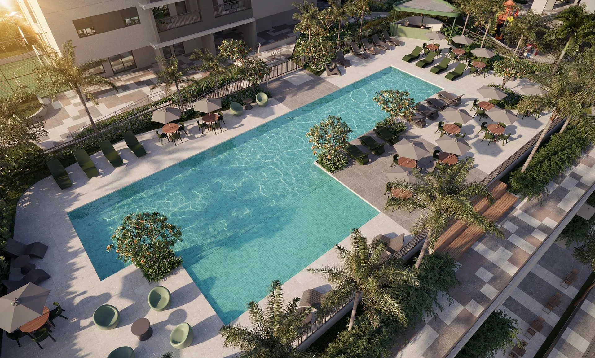 Piscina e área de lazer do Quadria Vista Verde vistas do alto, com jardins e espreguiçadeiras