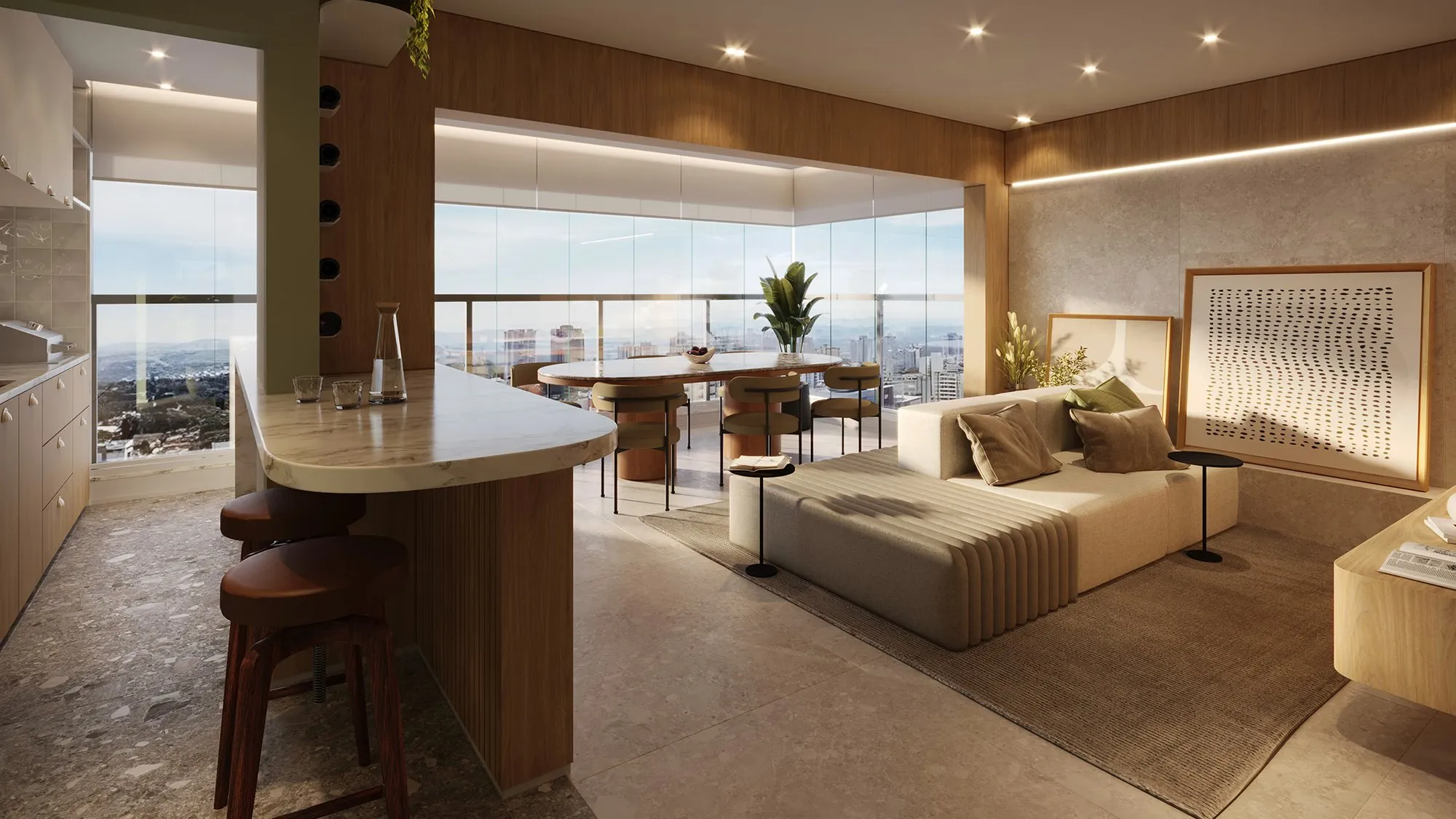 Sala do apartamento de 85 m² do Raízes Vila Ema, integrada à cozinha e à varanda