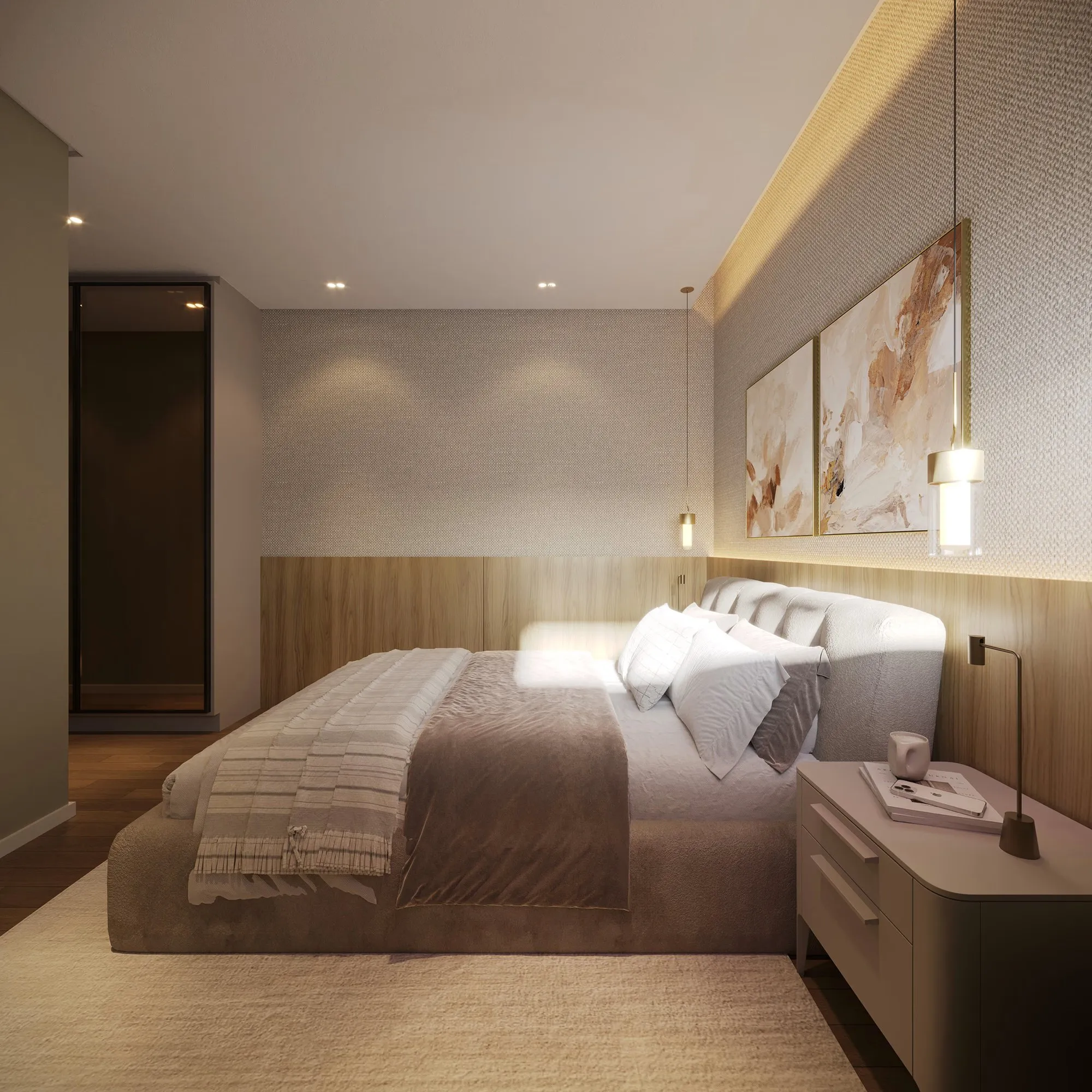 Suíte do apartamento de 75 m² do Raízes Vila Ema, com cama de casal e iluminação indireta