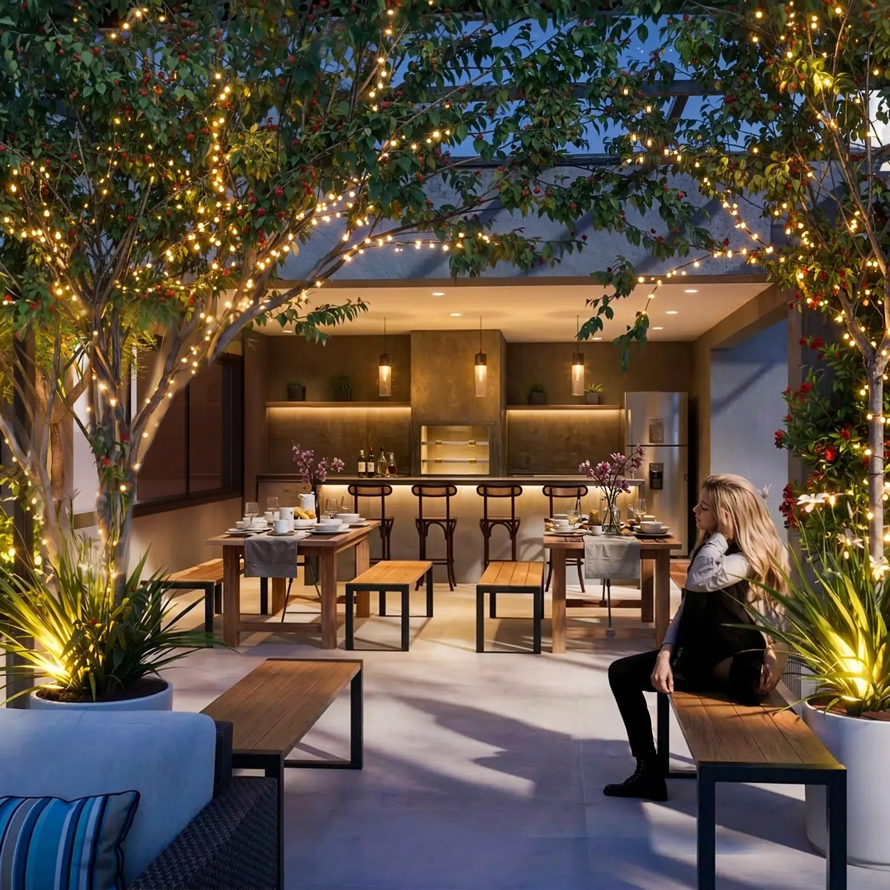 Rooftop do Sky Breeze à noite, com lareira e lounge