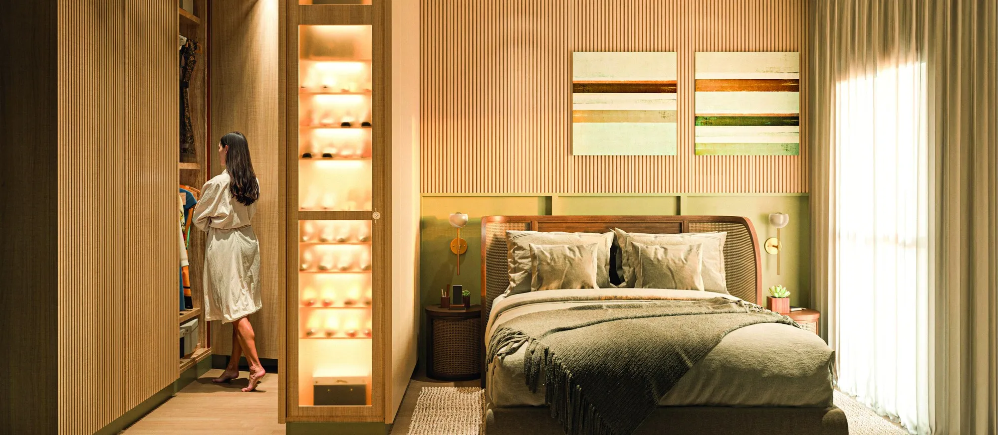Suíte principal de um apartamento do Speciale Vila Ema, com closet iluminado