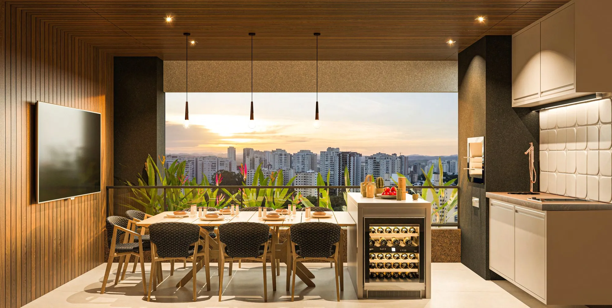 Varanda gourmet integrada à cozinha, com mesa de jantar e vista da cidade